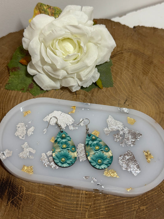 Boucles d'oreilles Goutte Florale - Motif Fleurs Bleu Sarcelle