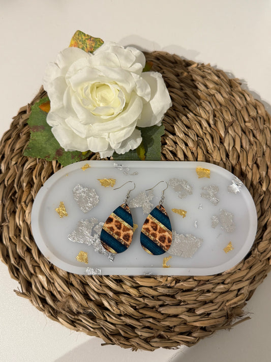 Boucles d'oreilles goutte bleu canard et léopard